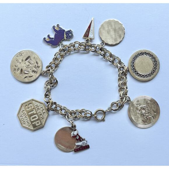 1960s Vintage 10K & 12K Gold Plated 8-Charm Bracelet Robert E Lee HS Dallas, TX - Picture 2 of 13